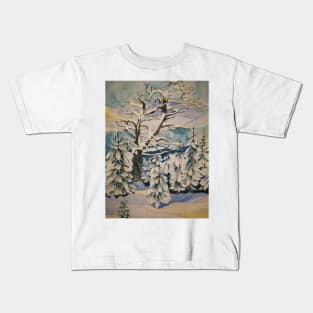 A winter snowscene with trees and mountains in watercolour. Kids T-Shirt